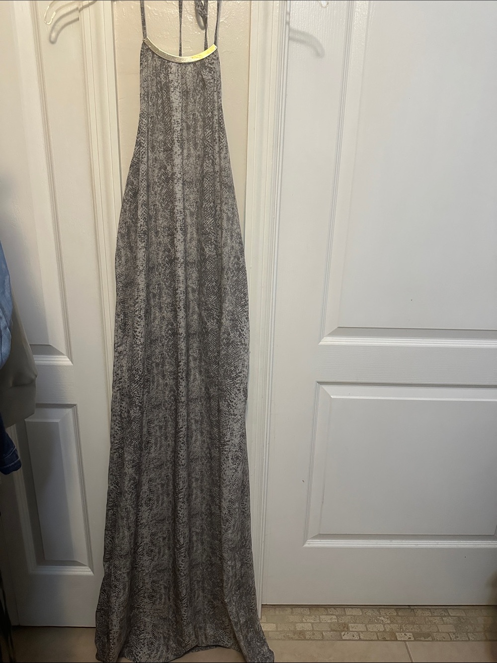 Gray Patterned Halter Maxi Dress with Gold Trim
